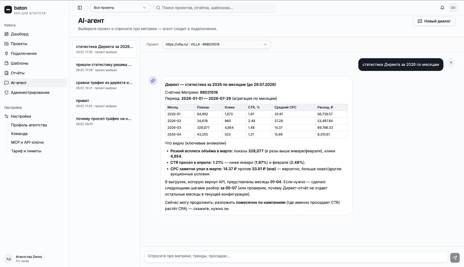 Интерфейс Baton: AI-агент ведёт диалог с данными Яндекс Директа, отвечает таблицей и выводами по месяцам